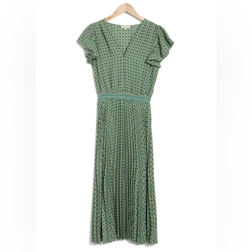 Max Studio Pleated Midi Dress — NWT Green Print Flutter Sleeve | Size S - Picture 2 of 11